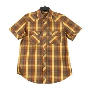Banana Republic Western Shirt Mens M Brown Plaid Pearl Snap Short Sleeve Classic